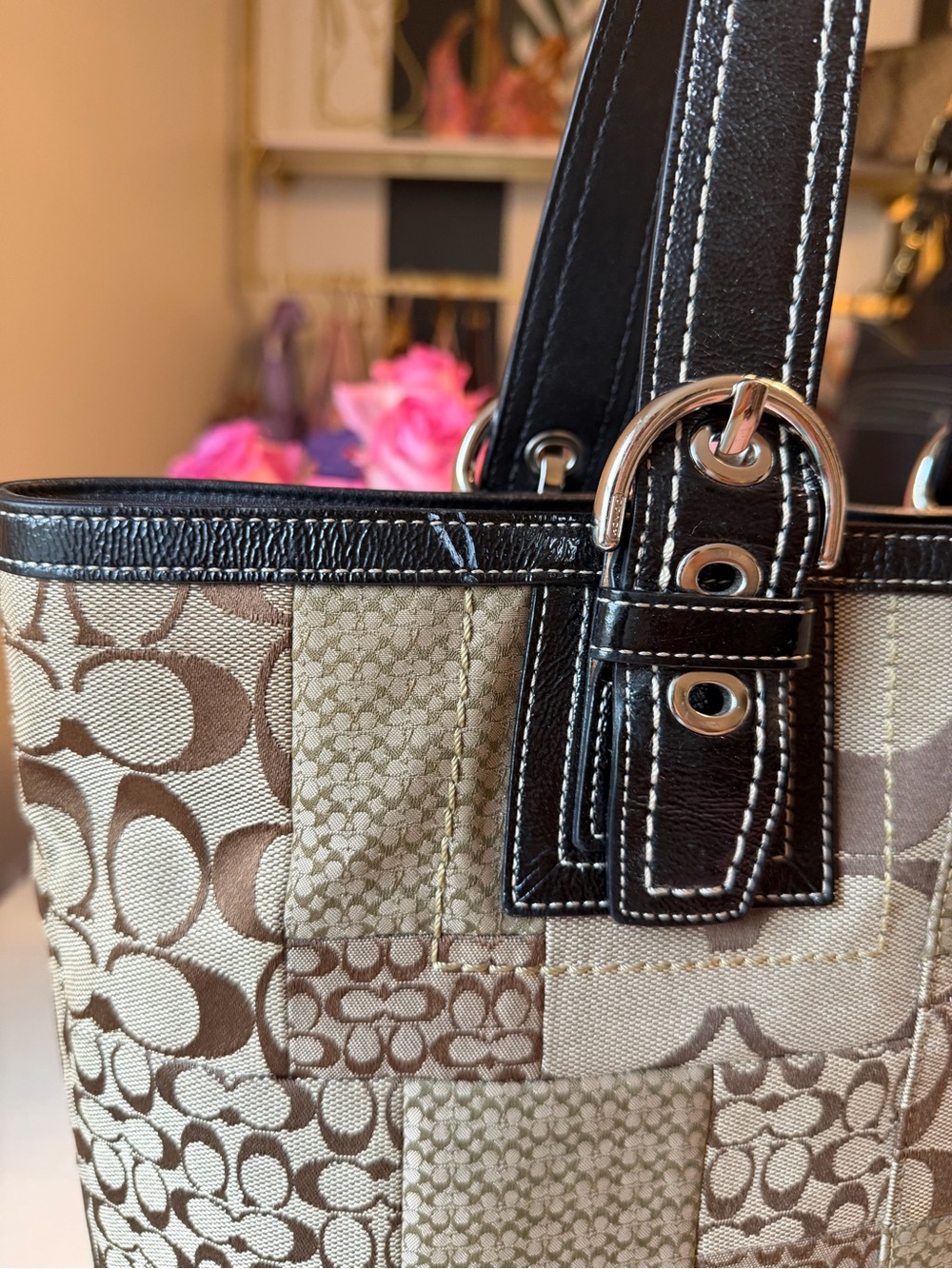 Vintage Y2K Coach Soho Signature Patchwork Tote F12318 Brown Khaki handbag purse - Picture 3 of 8